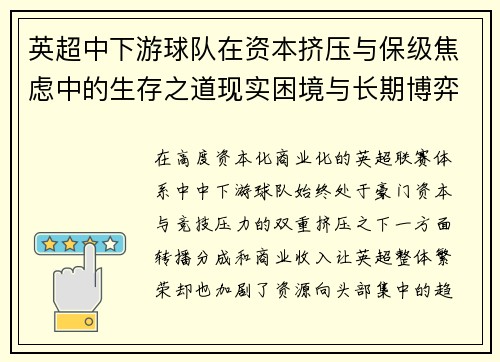 英超中下游球队在资本挤压与保级焦虑中的生存之道现实困境与长期博弈